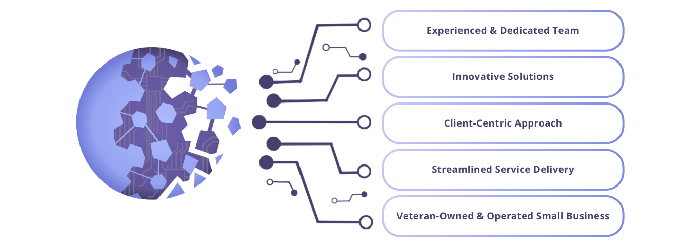 A fragmented, geometric globe (our logo) is on the left, with lines connecting to five text boxes on the right. The boxes read: "Experienced & Dedicated Team," "Innovative Solutions," "Client-Centric Approach," "Streamlined Service Delivery," and "Veteran-Owned & Operated Small Business." These key differentiators highlight why you should choose our WA ITPS services.